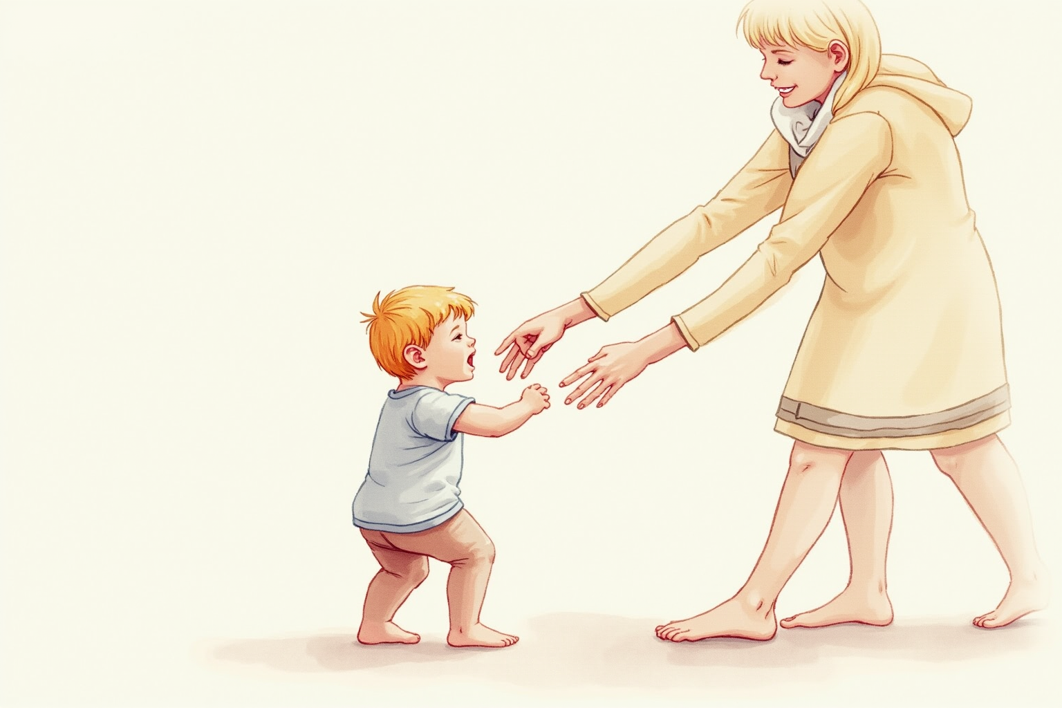 Toddler taking first steps with parent