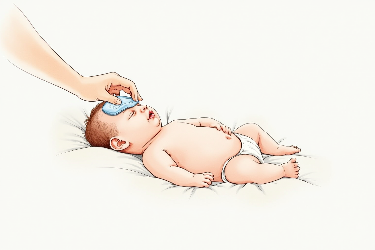 Baby with cool compress and caregiver