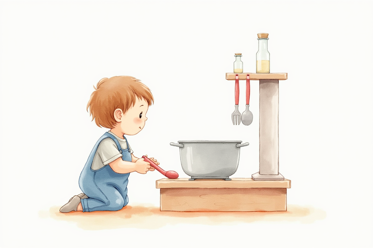 Toddler imitation play with toy kitchen