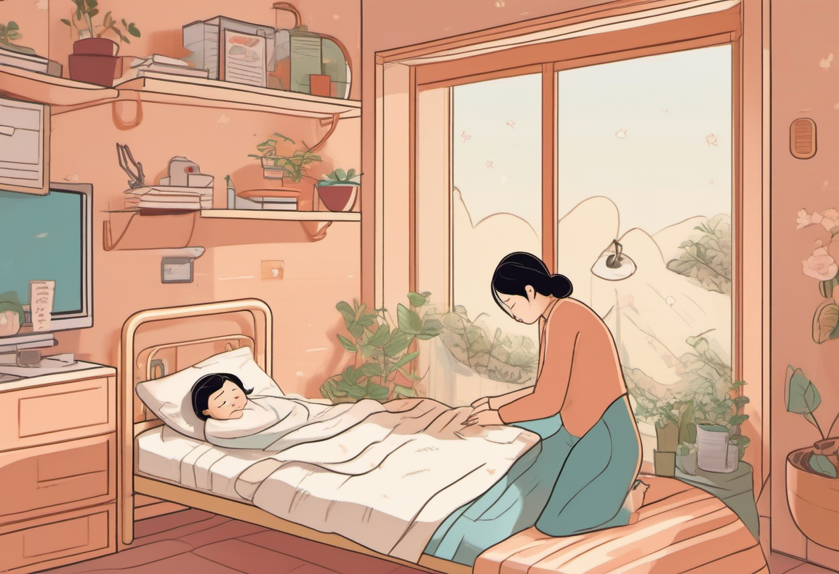 보호자가 소아 진료실에서 수면 상담을 받는 일러스트
